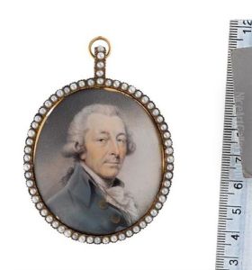 A Gentleman, Wearing Blue Coat With Large Gold Buttons, White And Gold Striped Waistcoat, White Frilled Chemise And Stock