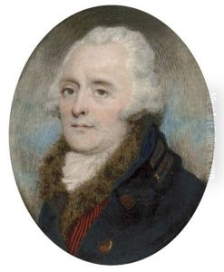 A Gentleman, In Blue Coat With Gold Buttons And Gold Loops On The Collar, Fur-bordered Red And Black Striped Waistcoat And Frilled Cravat