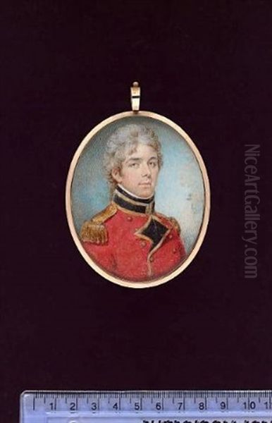 An Officer Of The 1st Regiment Of Footguards Wearing Red Coatee With Blue Facings Edged With Gold Lace And Epaulettes, His Hair Powdered And Worn En Queue - view 1