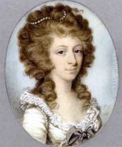 A Young Lady, In Lace-bordered White Dress, Grey Bow At Corsage, Pearls Around Her Shoulders And In Her Upswept Curling Long Fair Hair
