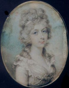 A Lady, In White Dress With Frilled Neckline, Blue Waistband And Pearl Decoration, Her Hair Powdered