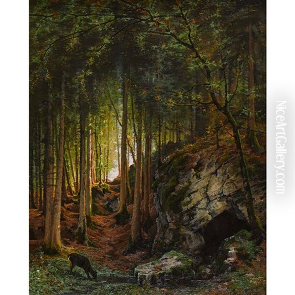 Waldinneres Mit Reh Am Bach - view 1