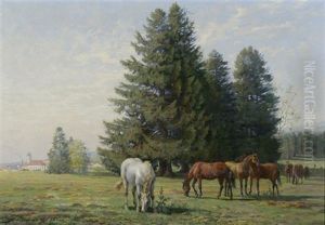 Weidende Pferde. Im Hintergrund Eine Stadt by Edouard Jeanmaire