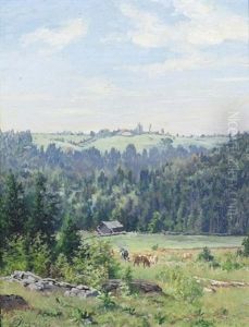 Sommerliche Alp Mit Weidenden Kuhen by Edouard Jeanmaire