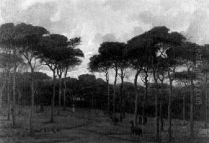 Der Park Der Villa Borghese In Rom Bei Sonnenuntergang by Edouard Jeanmaire