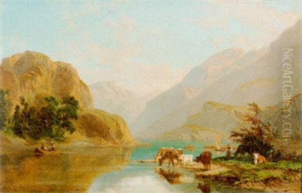 Hirtin Mit Vieh An Einem Bergsee - view 1