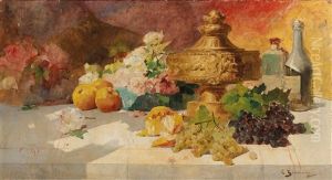Large Still Life With Fruit,  Goblet And Flowers by Georges Jeannin
