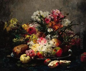 A Still Life With Flowers And Fruit by Georges Jeannin