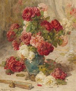 A Still Life With Roses In A Vase And A Fan A Still Life With Roses In A Vase And A Fan