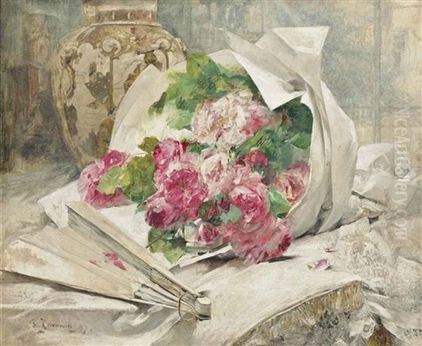 A Bouquet Of Flowers With A Vase And A Fan - view 1