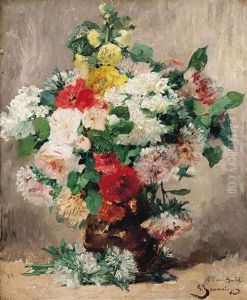 Roses, Chrysanthemums And Other Summer Blooms In A Vase