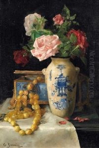 Stilleben Mit Einem Rosenstraus In Asiatischer Vase Sowie Einer Bernsteinkette Stilleben Mit Einem Rosenstraus In Asiatischer Vase Sowie Einer Bernsteinkette