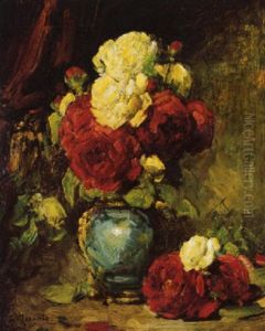 Bouquet De Roses Au Vase Bleu by Georges Jeannin