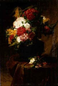 Peonies In A Vase On A Draped Table