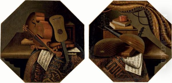 Violons Et Partitions Sur Une Table Recouverte D'un Tapis - view 1