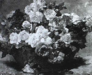 Bastkorb Mit Einem Strauss Duftender Rosen by Georges Jeannin