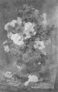 A Still Life With Roses, Carnations And Lilacs In A Vase On A Carpet