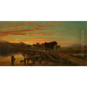 Viehherde Auf Holzbrucke Im Abendlicht Viehherde Auf Holzbrucke Im Abendlicht