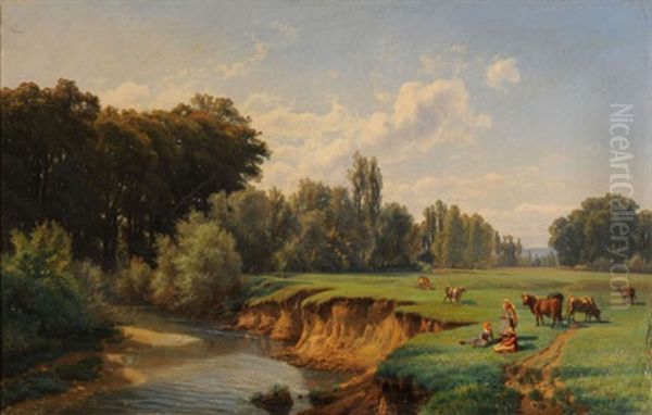 Bachlandschaft Mit Hirtinnen Und Weidenden Kuhen - view 1