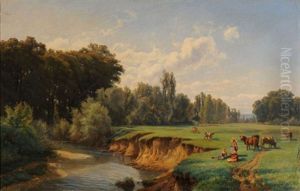 Bachlandschaft Mit Hirtinnen Und Weidenden Kuhen by Pierre Alexandre Jeanniot
