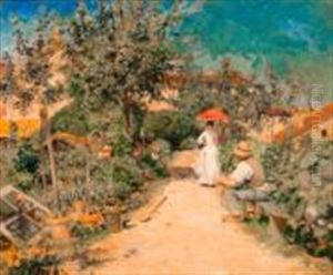 Promenade Dans Le Jardin, Jeune Femme En Blanc A L'ombrelle Et Jardinier by Pierre Georges Jeanniot
