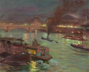 River Scene At Night With Barges by Pierre Georges Jeanniot