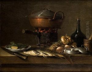 Naturaleza Muerta Con Olla, Utensilios De Cocina Y Pescado by Nicolas Henry Jeaurat De Bertry