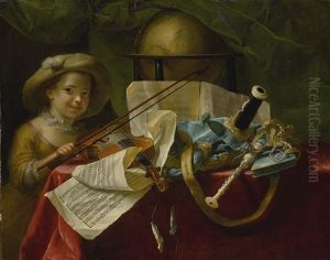Still Life Of Musical Instruments, A Globe And Other Objects On A Table Draped In A Red Velvet Cloth, With A Young Girl Holding A Bow