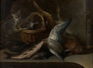 Chat Pres D'un Panier De Coquillages, Poissons Et Gibier by Nicolas Henry Jeaurat De Bertry