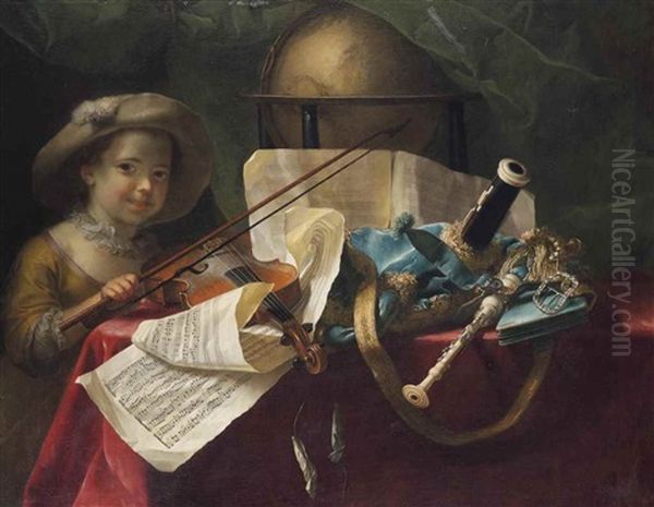 Pipes, A Globe, A Musical Score And A Violin On A Draped Table, A Young Girl Looking On - view 1