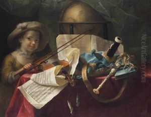 Pipes, A Globe, A Musical Score And A Violin On A Draped Table, A Young Girl Looking On