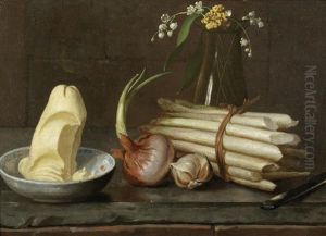 Asparagus, An Onion, Garlic, Butter In A Bowl And Flowers In A Glass Vase, On A Marble Ledge by Nicolas Henry Jeaurat De Bertry