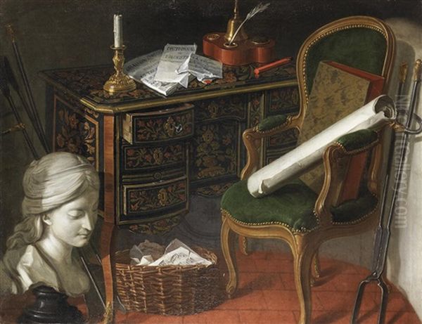 A Naturalist Manual And Objects Resting On A Table Above A Globe And Musical Instruments; And (2) - view 1