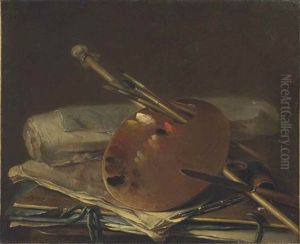 An Artist's Palette With Brushes, A Mahl Stick, A Knife, Papers And Portfolios