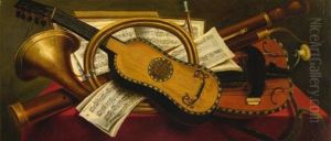 Musical Instruments And Scores On A Draped Table by Nicolas Henry Jeaurat De Bertry