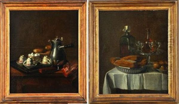 Nature Morte A La Cafetiere, Aux Tasses De Cafe Et Petits Pains Disposes Sur Un Plateau (+ Nature Morte Au Service A Liqueur, Aux Biscuits Et Chataignes; Pair) - view 1