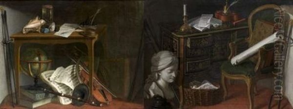 Objets De Curiosite Disposes Sur Une Table Qui Surmonte Une Mappemonde Et Des Instruments De Musique (+ Buste De Femme Et Panier D Osier Rempli De Feuilles De Musique Disposes Pres D'un Bureau En Marqueterie; Pair) - view 1