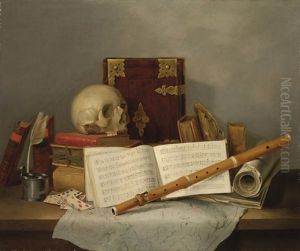 A Vanitas Still Life With A Lute, Music, Books, A Skull And Playing Cards On A Table by Nicolas Henry Jeaurat De Bertry