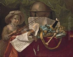Pipes, A Violin, A Globe And Sheet Music On A Draped Table With A Girl Holding A Violin Bow by Nicolas Henry Jeaurat De Bertry