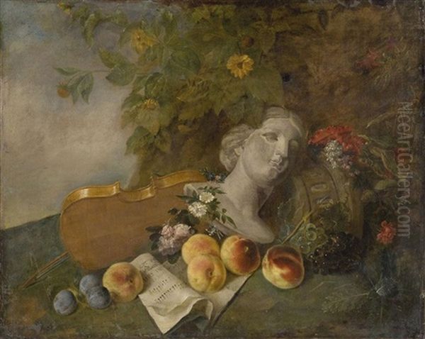 A Still Life With A Bust Of A Lady, A Violin, Peaches, Plums And A Musical Score In A Landscape - view 1