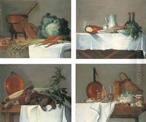 Un Chaudron, Un Chou, Des Carottes Et Du Cerfeuil Sur Une Table (+ 3 Others; Set Of 4) by Nicolas Henry Jeaurat De Bertry