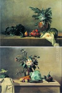 Nature Morte Au Vase De Fleurs Et Legumes Sur Un Entablement (+ Nature Morte Au Vase De Fleurs Et Fruits Sur Un Entablement; Pair) by Nicolas Henry Jeaurat De Bertry