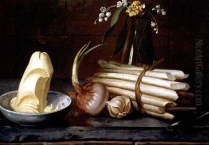 A Still Life Of Asparagus, An Onion, Garlic, Butter In A Bowl And Flowers In A Glass Vase, All On A Marble Ledge by Nicolas Henry Jeaurat De Bertry