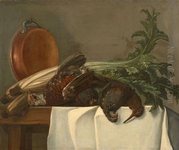 Perdreaux, Becasse Et Cuivre Sur Un Entablement Et Choux, Legumes Et Cuivres Sur Un Entablement (pair) - view 1