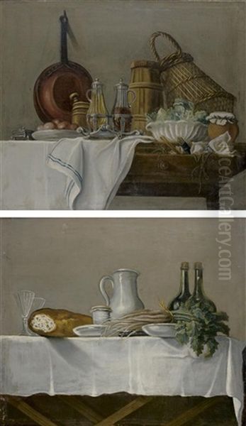 Les Apprets Du Dejeuner Avec Huilier Et Vinaigrier, Salade Verte Et Les Apprets Du Dejeuner Avec Miche De Pain, Vin Et Radis (pair) - view 1