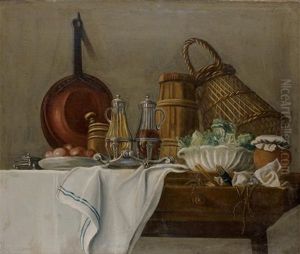 Les Apprets Du Dejeuner Avec Huilier Et Vinaigrier, Salade Verte; Les Apprets Du Dejeuner Avec Miche De Pain, Vin Et Radis (pair) by Etienne Jeaurat