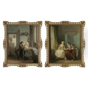 A Pantry With A Gentleman Writing A Letter With A Maid (+ An Interior With A Gentleman Visiting A Seamstress, Smaller; Pair) by Etienne Jeaurat