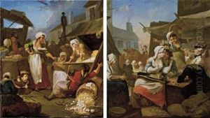 A Country Market Scene With A Maid Overturning A Basket Of Eggs (+ A Market Scene With Peasants Drinking And Music-making At A Table; Pair)