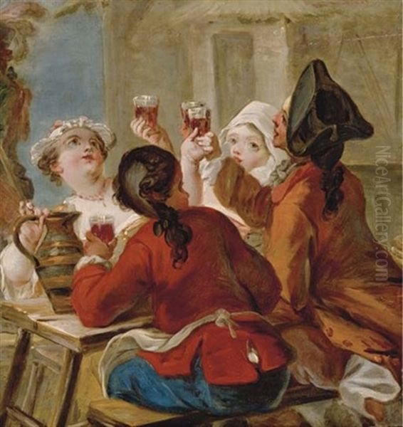 Two Couples Toasting With Wine Outside An Inn - view 1