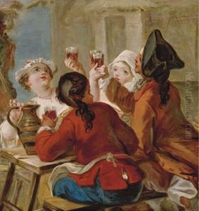 Two Couples Toasting With Wine Outside An Inn by Etienne Jeaurat